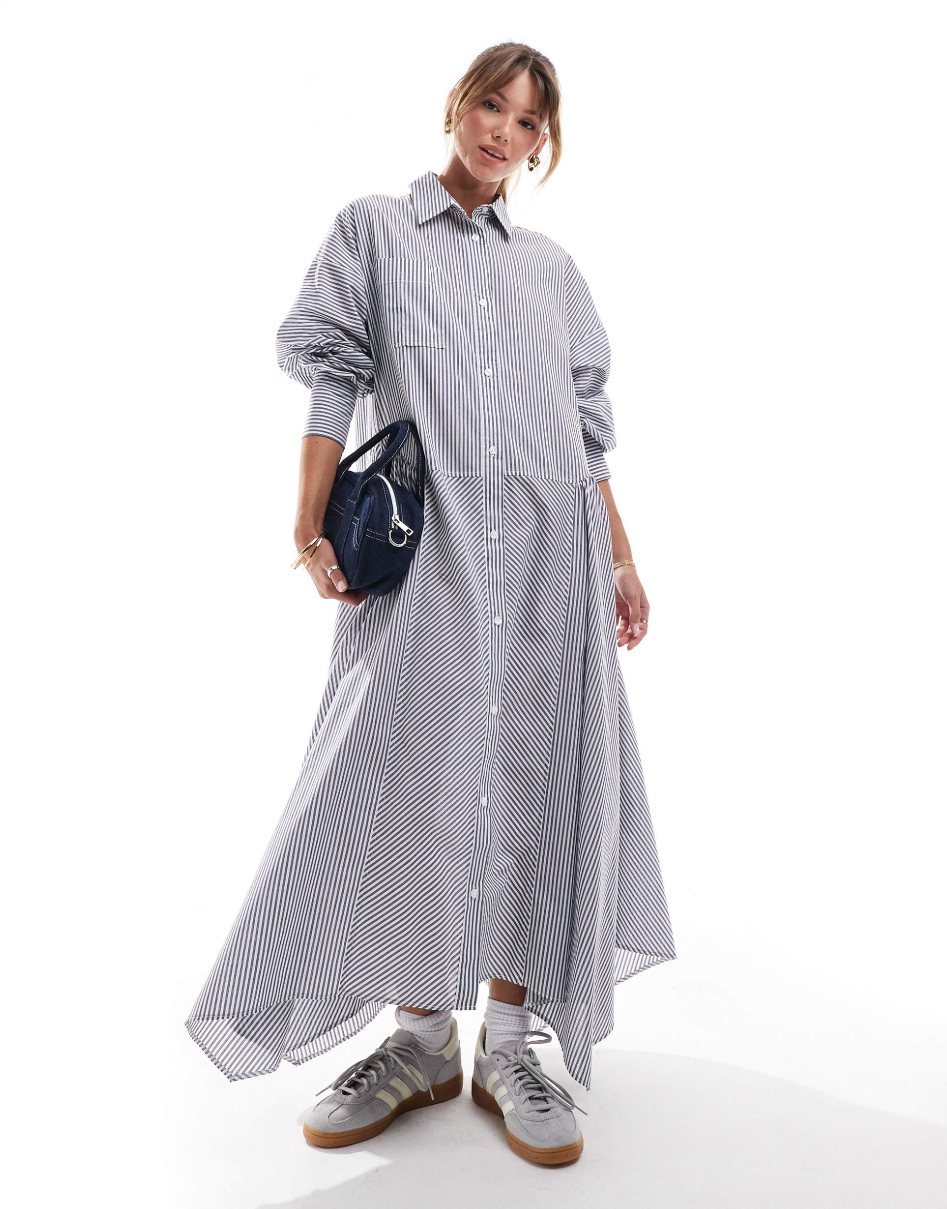 asos design maxi shirt dress with wide skirt and cuff detail in blue stripe