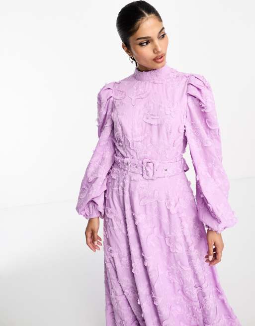 ASOS DESIGN – Maxi-Skater-Kleid aus strukturiertem Jacquard in Flieder mit Gürtel, 4 von 4