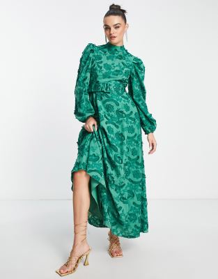 ASOS DESIGN - Maxi-Skater-Kleid aus strukturiertem Jacquard in Grün mit Gürtel