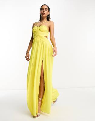 ASOS DESIGN - Maxi-Skater-Kleid in Gelb mit geraffter Brustpartie, Riemchendetail und Zierausschnitt