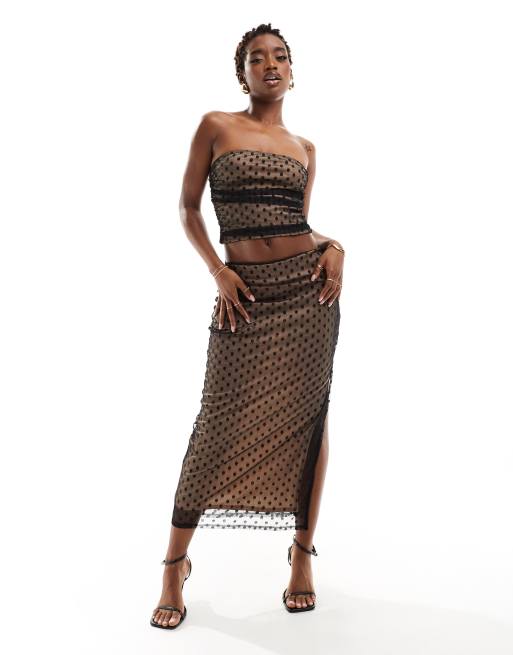 ASOS DESIGN maxi skirt in ruched dobby mesh in black (part of a set)