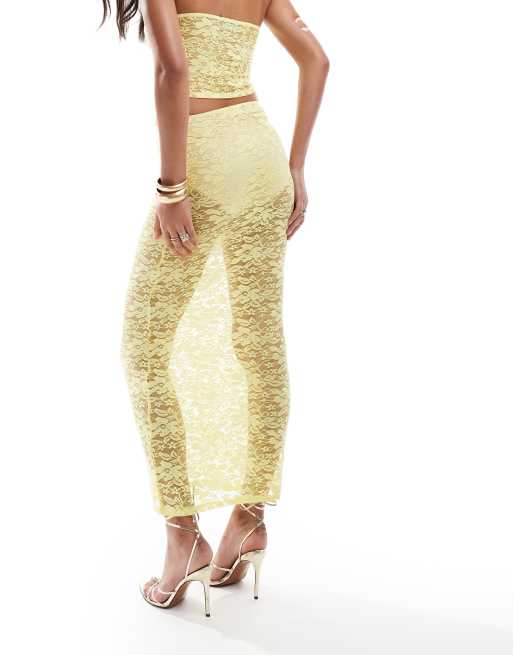 ASOS DESIGN maxi skirt in yellow lace (part of a set), 3 of 5
