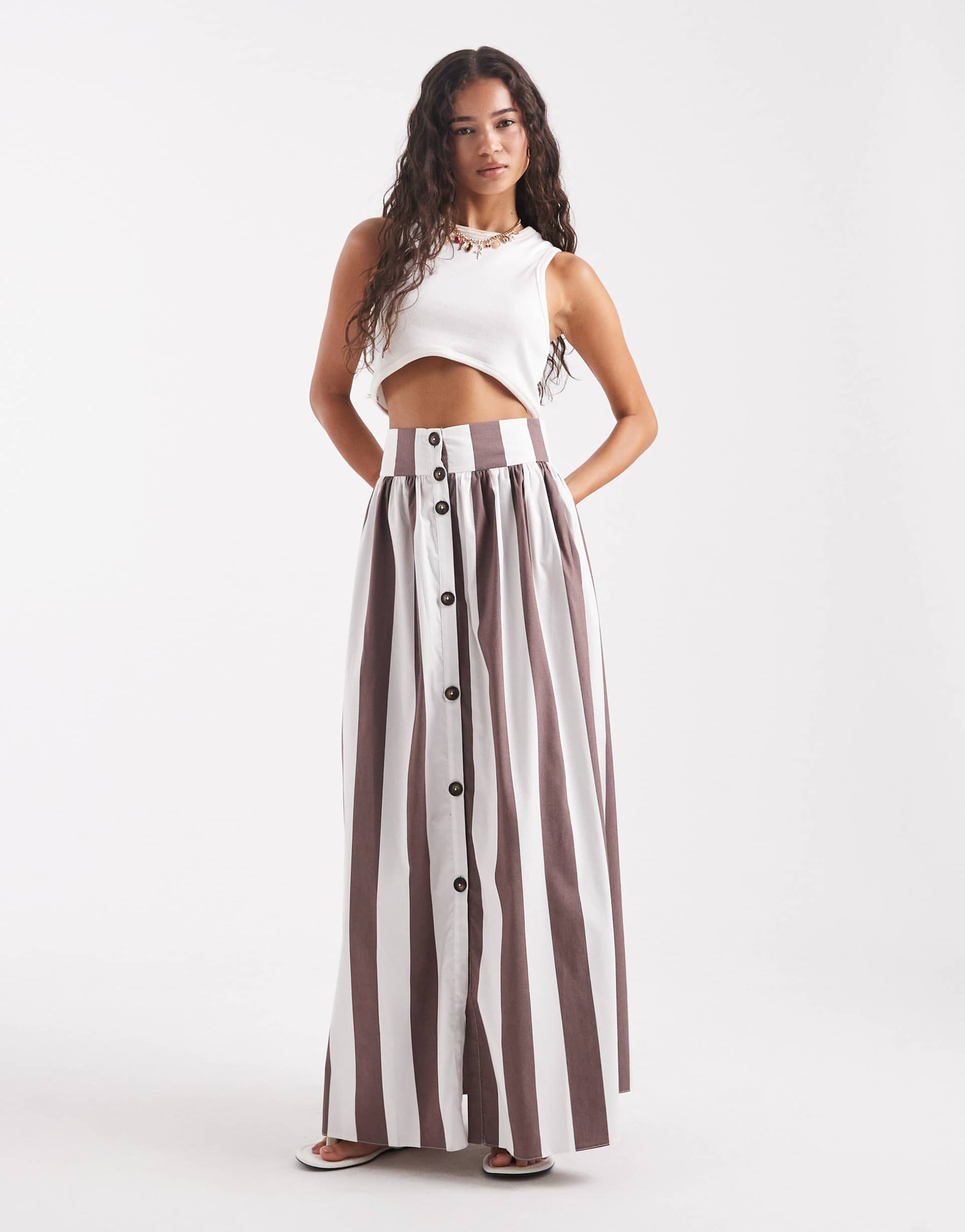 asos design maxi skirt with button front detail in brown stripe