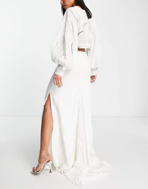 ASOS DESIGN maxi skirt with cutwork embroidery and split in ivory