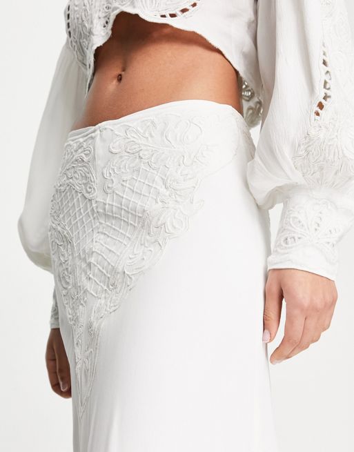 ASOS DESIGN maxi skirt with cutwork embroidery and split in ivory
