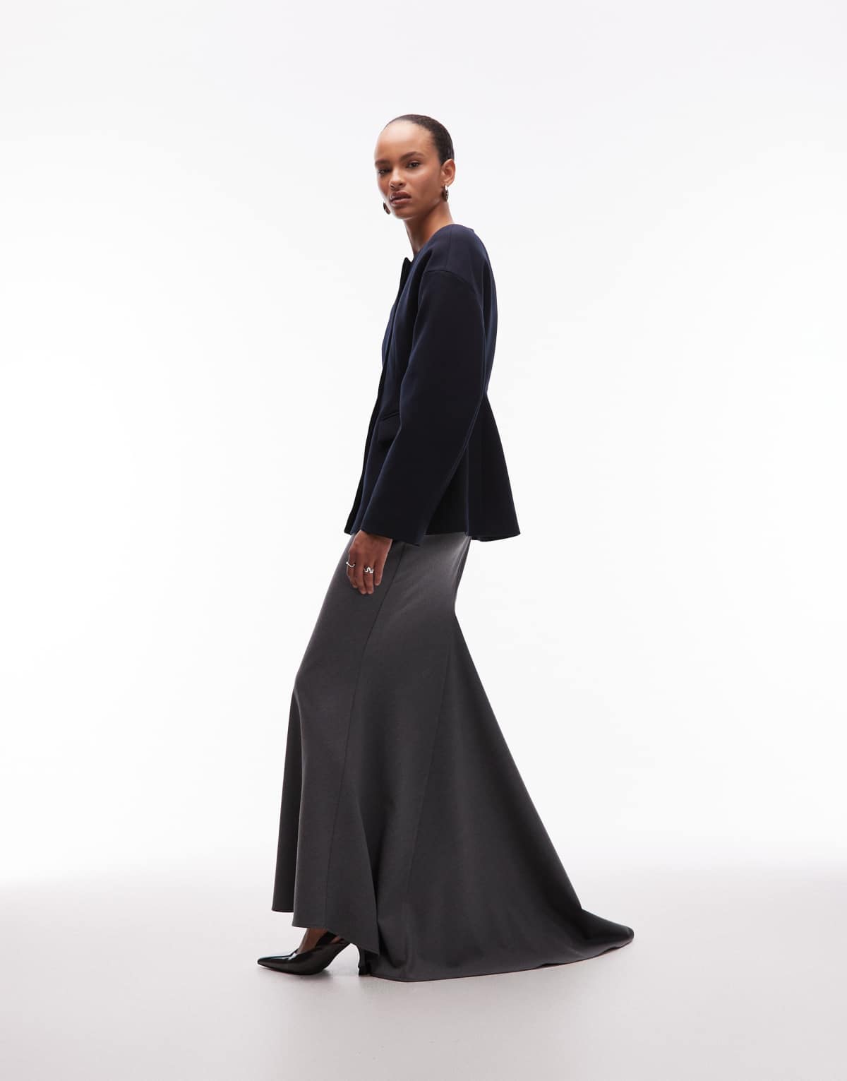 ASOS DESIGN maxi skirt with fish tail in charcoal