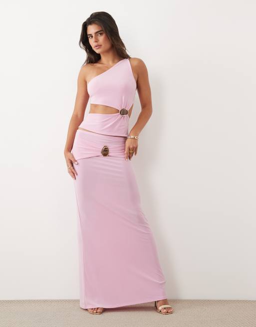 ASOS DESIGN one shoulder hardware cut out detail top and maxi skirt set in pink, 3 of 3