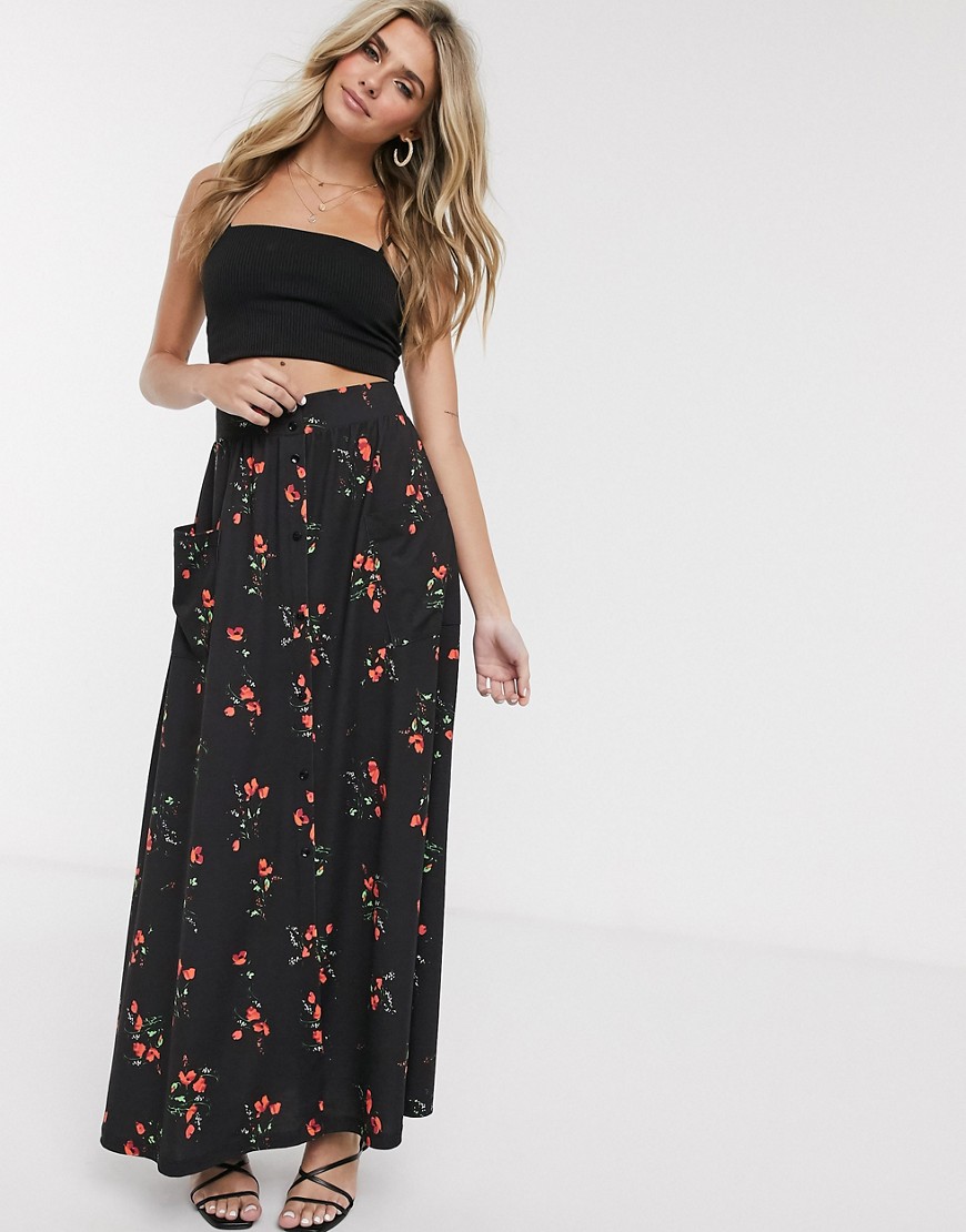 ASOS DESIGN maxi skirt with pockets and buttons in grunge floral print-Multi