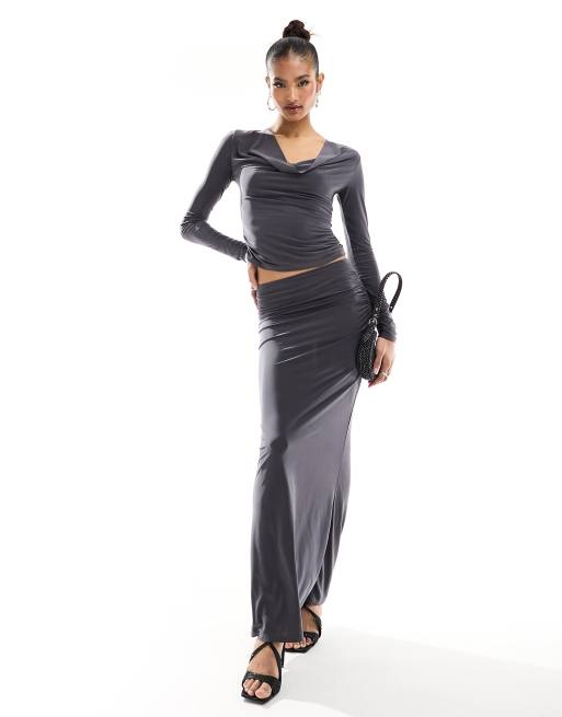 ASOS DESIGN maxi skirt with ruched side in charcoal - part of a set