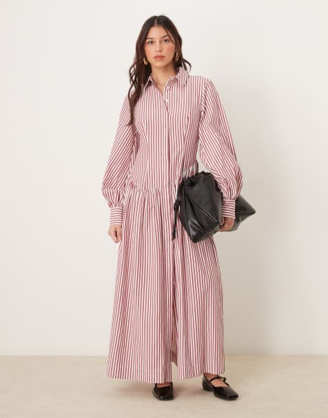 ASOS DESIGN - Maxi-skjortekjole med asymmetriske knapdetaljer og bordeaux striber - view 1
