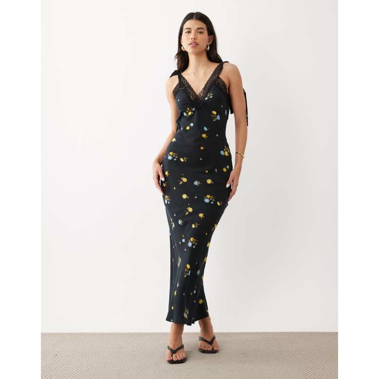 asos design lace trimmed maxi dress with floral embellishment Asos Design Floral Embellished Maxi Dress with Flared Cuff Detail in Navy