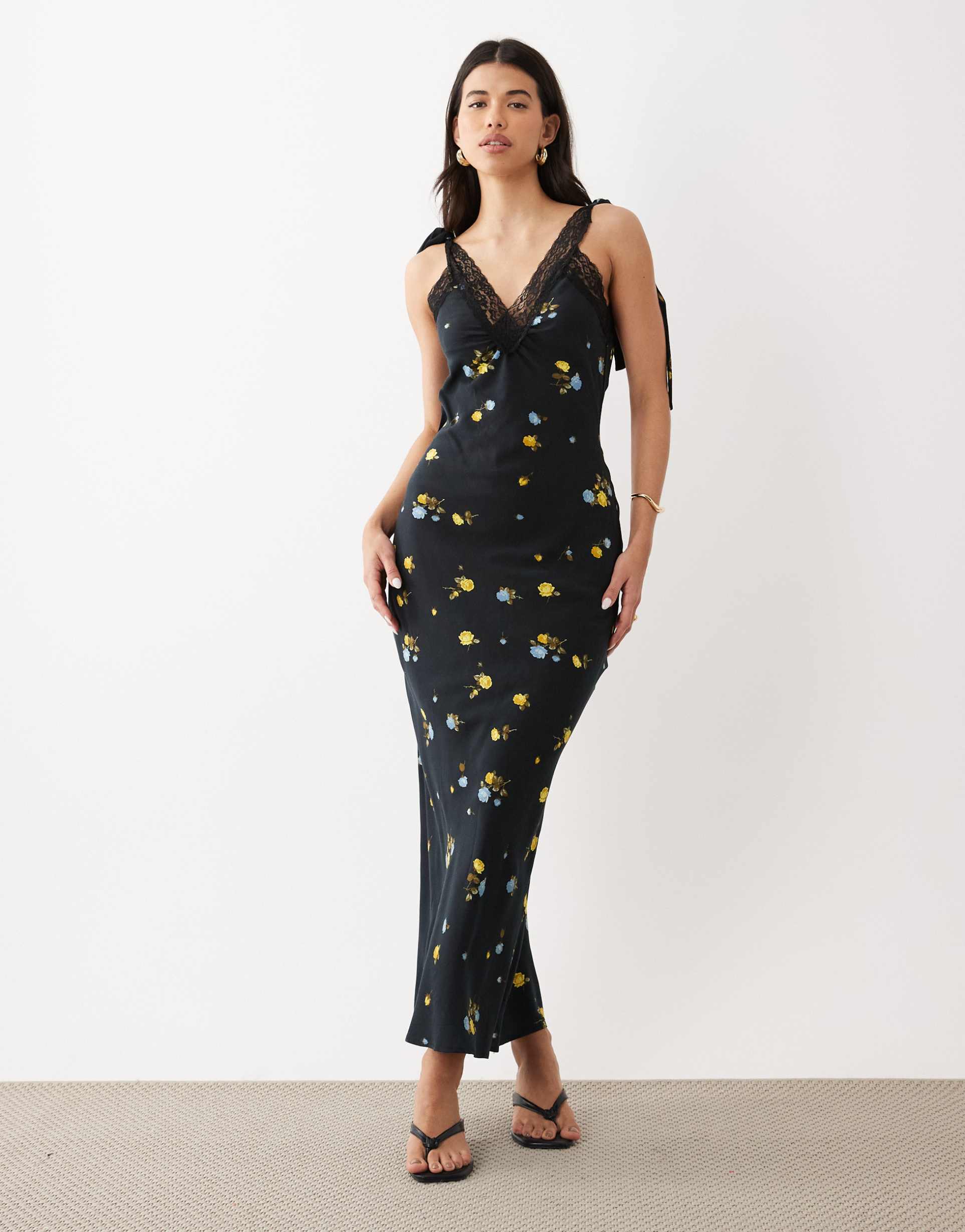 asos design maxi slip dress with lace trim and ties in black floral