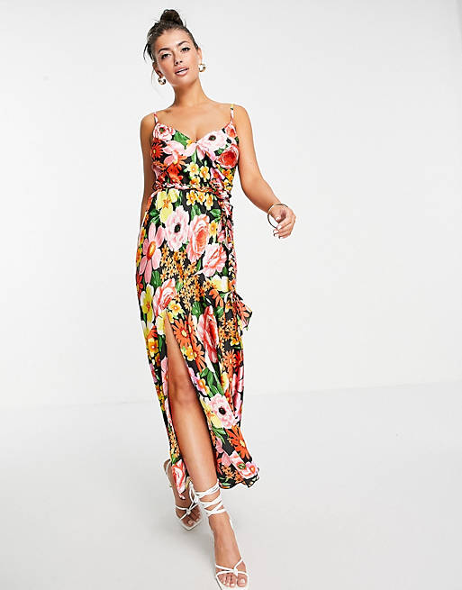 ASOS DESIGN maxi slip dress with plait belt in 70s floral print