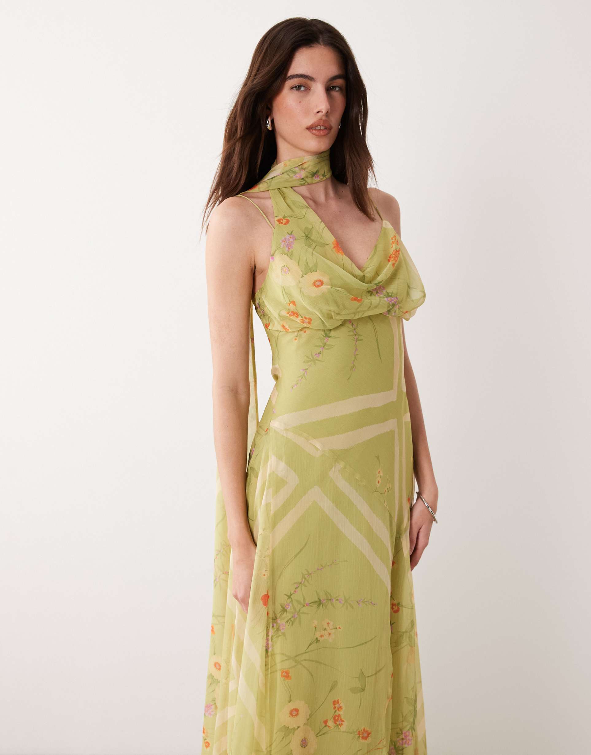 asos design maxi slip dress with scarf detail in green floral print