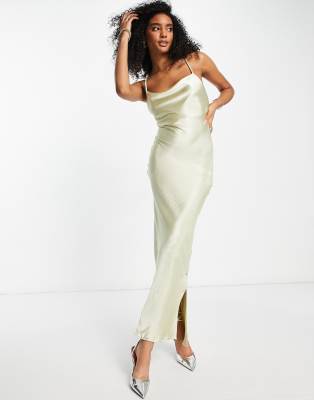 ASOS DESIGN - Maxi slip-kjole i skinnende østersgrå satin med cami-stropper og snøreryg