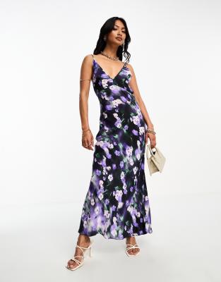 ASOS DESIGN - Maxi-Slipkleid aus gesponnenem Stoff mit verschwommenem Blumendruck und hohem Trägeransatz-Bunt