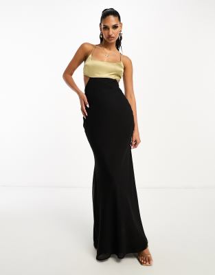 ASOS Design - Maxi-Slipkleid in Schwarz aus Chiffon mit Schrägausschnitt und Satin-Oberteil im Color Block-Design