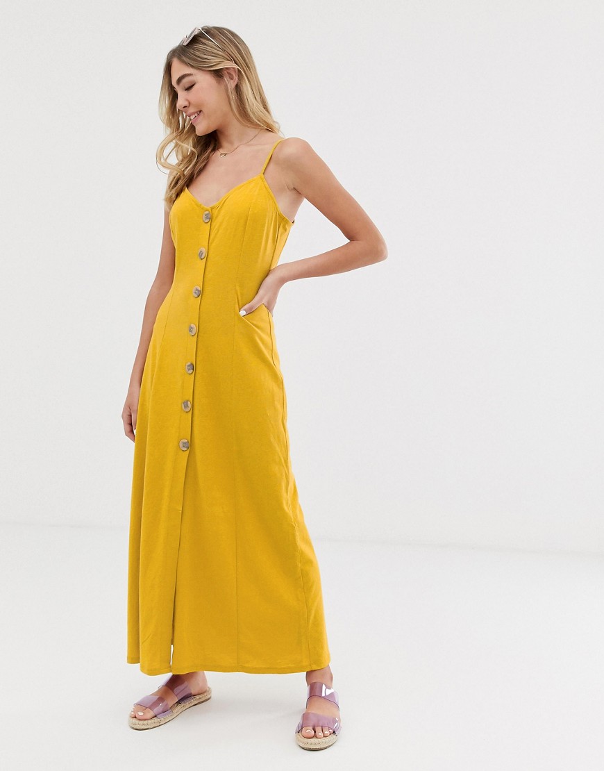 ASOS DESIGN maxi slubby cami swing dress with faux wood buttons-Yellow