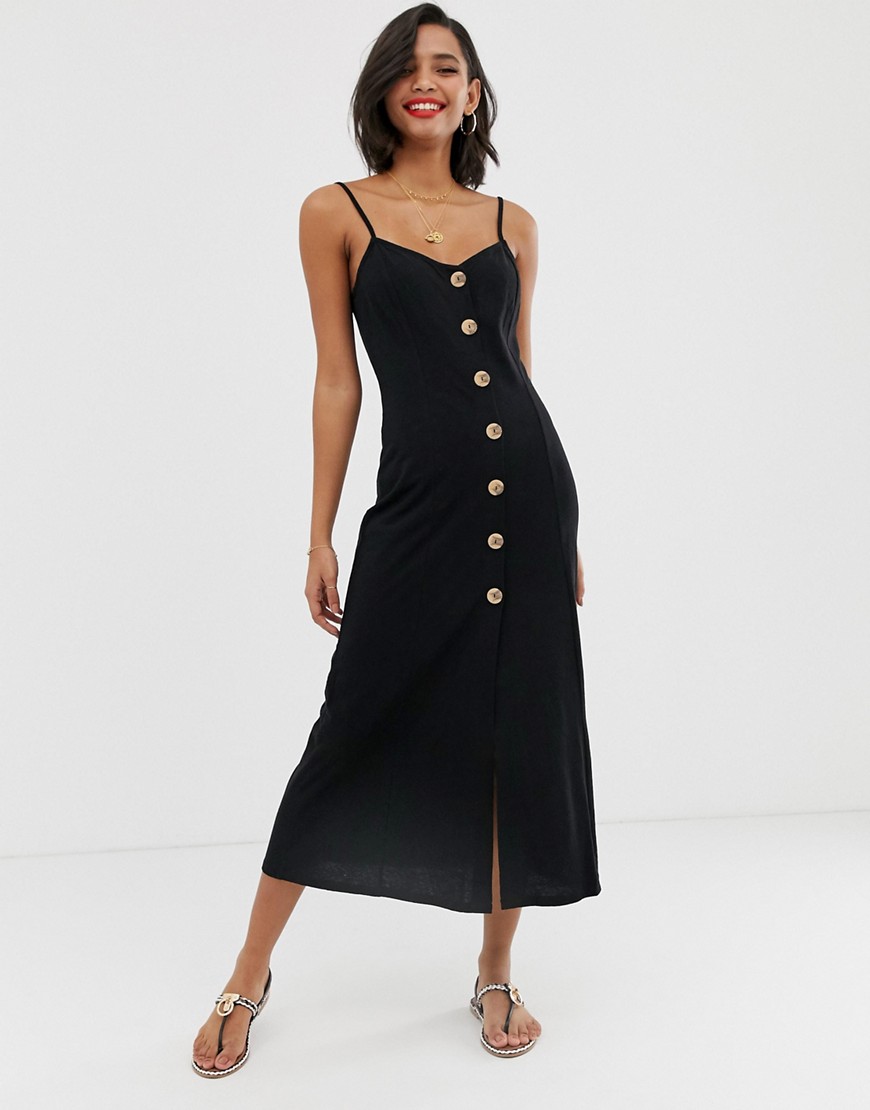 ASOS DESIGN maxi slubby cami swing dress with faux wood buttons-Black