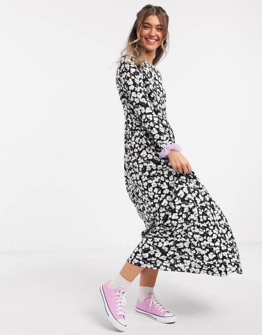 ASOS DESIGN maxi smock dress in black and white floral print ASOS