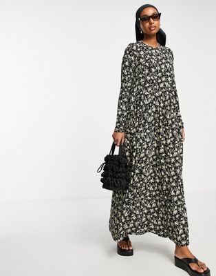 ASOS DESIGN maxi smock dress in black and yellow floral print