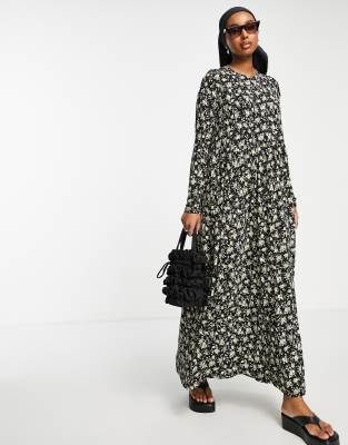 ASOS DESIGN maxi smock dress in black and yellow floral print