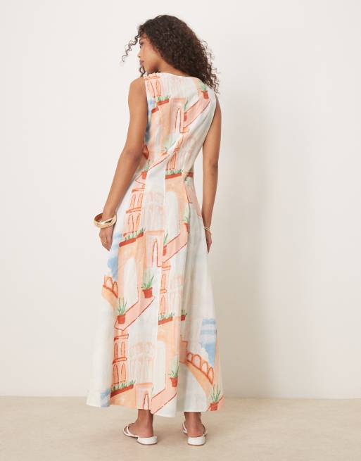 ASOS DESIGN - Maxi-sommerkjole i habitveste-stil med bred halsudskæring og knapper samt postkortprint, 2 af 4