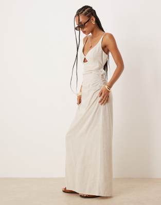 ASOS DESIGN - Maxi-Sommerkleid aus Leinen in Haferbeige mit Bustier-Ausschnitt-Neutral