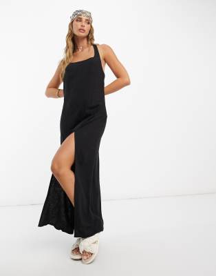 ASOS DESIGN - Maxi-Sommerkleid aus Leinen in Schwarz mit U-Ausschnitt, Neckholder und Zierknoten-Black