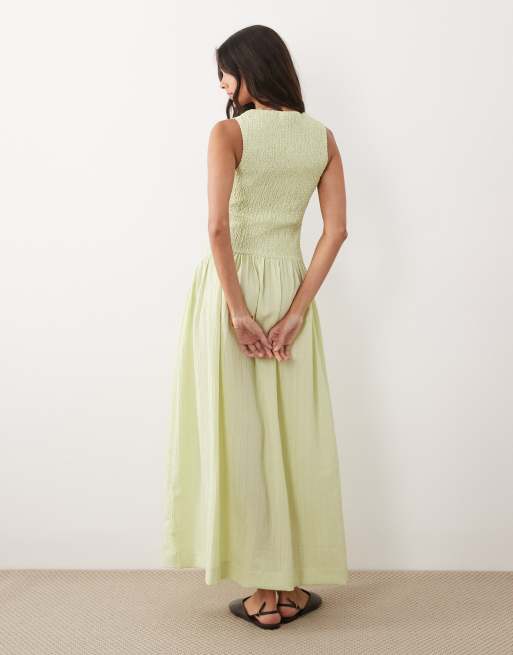 ASOS DESIGN – Maxi-Sommerkleid in Salbeigrün mit Knitterstruktur, U-Ausschnitt und gesmokter Taille , 3 von 4