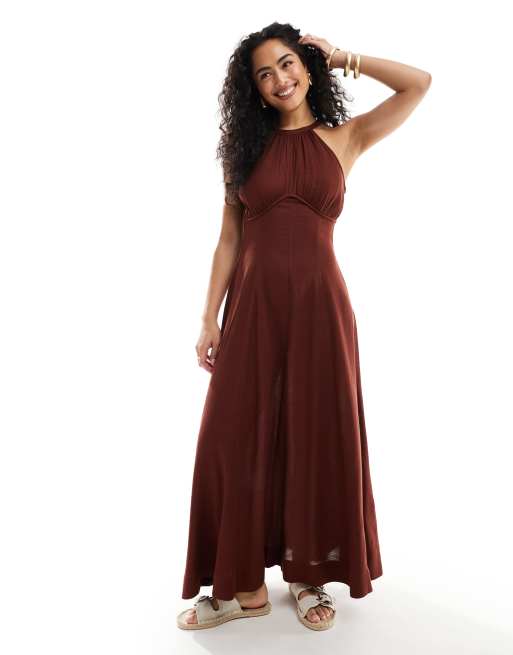 ASOS DESIGN – Maxi-Sommerkleid in Schokobraun mit Racer-Design, weitem Rock und Unterbrustnaht