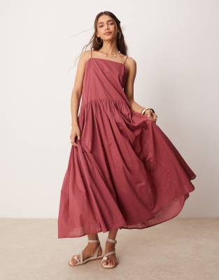 ASOS DESIGN - Maxi-Sommerkleid in Staubrosa mit tief angesetzter Taille-Rot