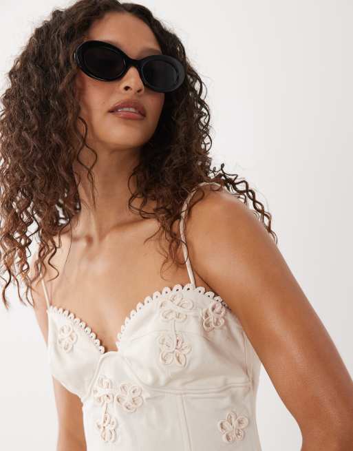ASOS DESIGN – Maxi-Sommerkleid mit Camisole-Trägern und geblümter Cornelli-Spitze in Altweiß , 2 von 4
