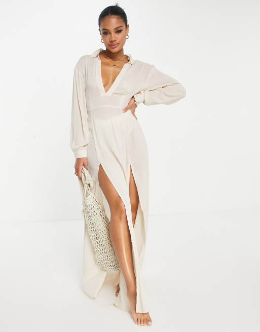 ASOS DESIGN - Maxi strand-skjortekjole i naturlig farve