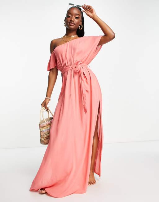 ASOS DESIGN Maxi strandjurk met blote schouders en gestrikte taille in roestachtige koraalkleur ASOS