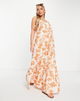 ASOS DESIGN - Maxi-Strandkleid in Camisole-Optik mit tropischem Muster in Natur und asymmetrischem Saum-Bunt