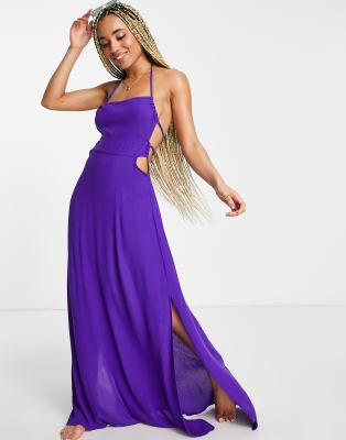 ASOS DESIGN – Maxi-Strandkleid in Lila mit Schnürung am Rücken