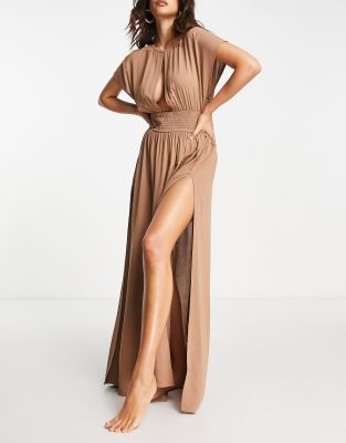 ASOS DESIGN - Maxi-Strandkleid in Mokka mit Schlüssellochausschnitt und Knitterstruktur-Braun