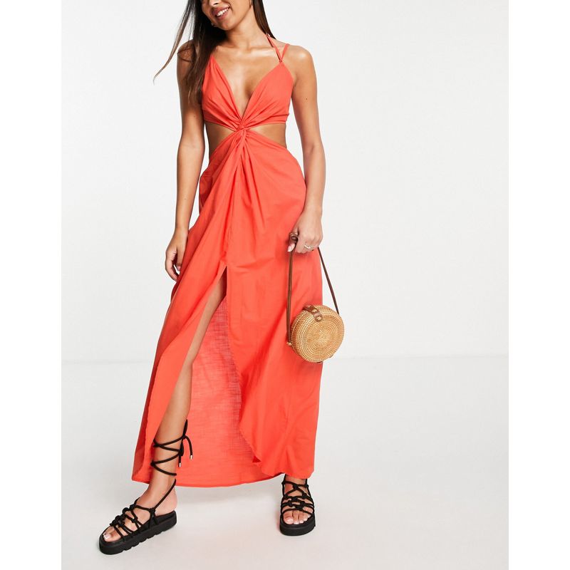 DESIGN – Maxi-Strandkleid in Orange mit Riemchendesign und Knotendetail vorne