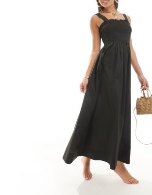 ASOS DESIGN - Maxi-Strandkleid in Schwarz mit gesmokter Brustpartie