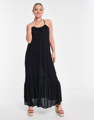 ASOS DESIGN - Maxi-Strandkleid in Schwarz mit hinten abfallendem Saum und Knitteroptik