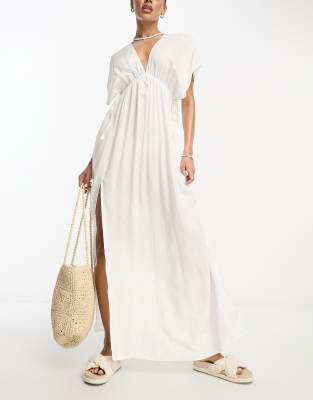 ASOS DESIGN - Maxi-Strandkleid in Weiß mit Flatterärmeln und gebundenem Tunnelzug in der Taille