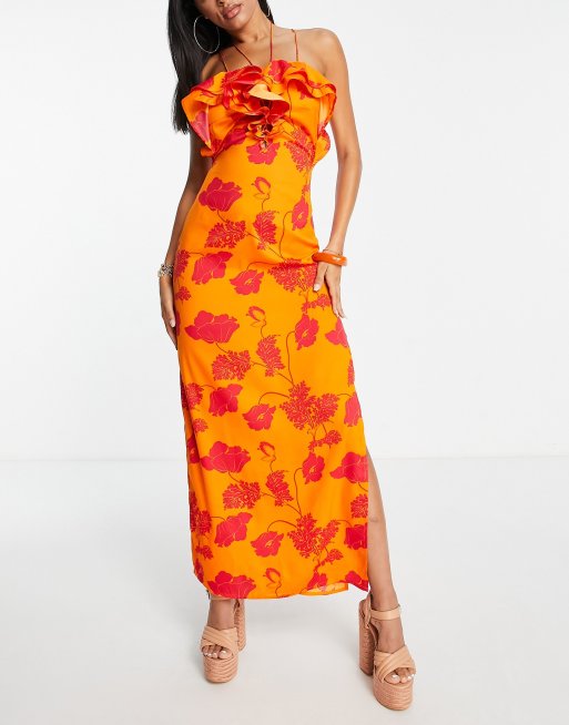 ASOS DESIGN – Maxi-Strandkleid mit Rüschen, Schnürdesign und Blumenmuster