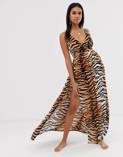 ASOS DESIGN – Maxi-Strandkleid mit Schnürung hinten, überkreuzter Vorderseite, Schlitz und natürlichem Tigermuster