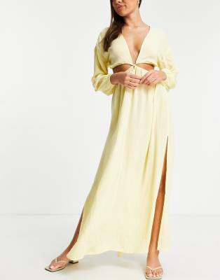 ASOS DESIGN - Maxi-Strandkleid mit Zierausschnitten an der Taille in Gelb