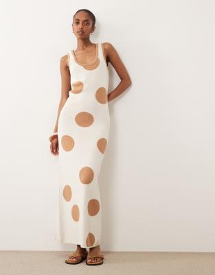 Maxi-Strickkleid in Ecru mit Punktemuster-Mehrfarbig Mehrfarbig M