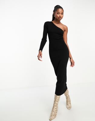 ASOS DESIGN - Maxi-Strickkleid in Schwarz mit One-Shoulder-Ärmel