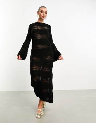 ASOS DESIGN - Maxi-Strickkleid mit gestreiftem Ausbrennermuster in Schwarz