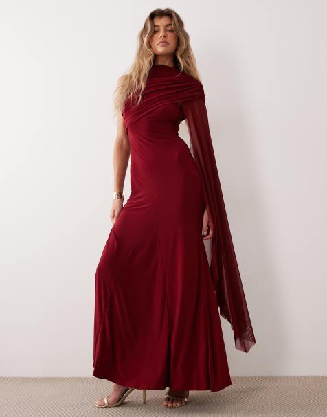 ASOS DESIGN maxi sukienka z siateczkową warstwą wierzchnią, z pelerynowym detalem i klinami, w kolorze winnym - view 1