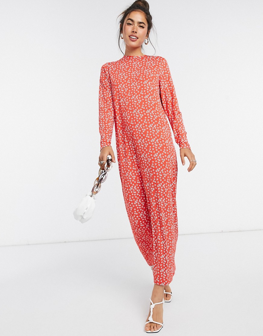Asos Design Maxi T-shirt Dress With Long Sleeve In Red Floral Print